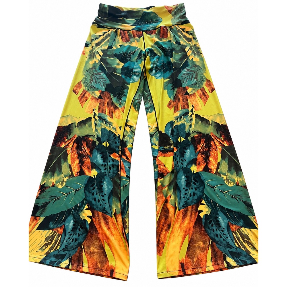 Eva Varro Womens M Tropical Leaf Print Wide Leg Pants Yellow Green Stretch USA